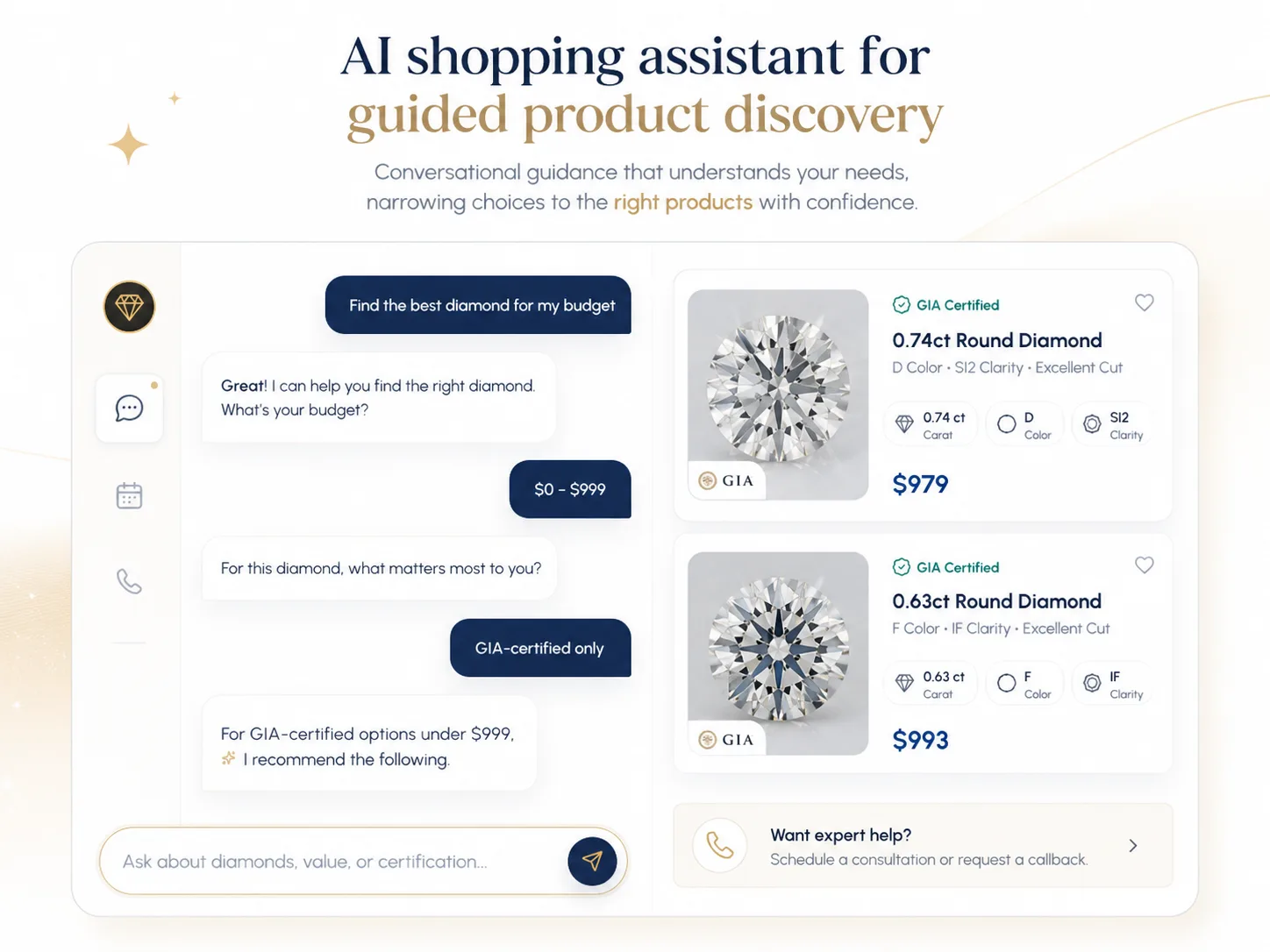 Desktop AI shopping assistant with chat, diamond cards, and expert help CTA