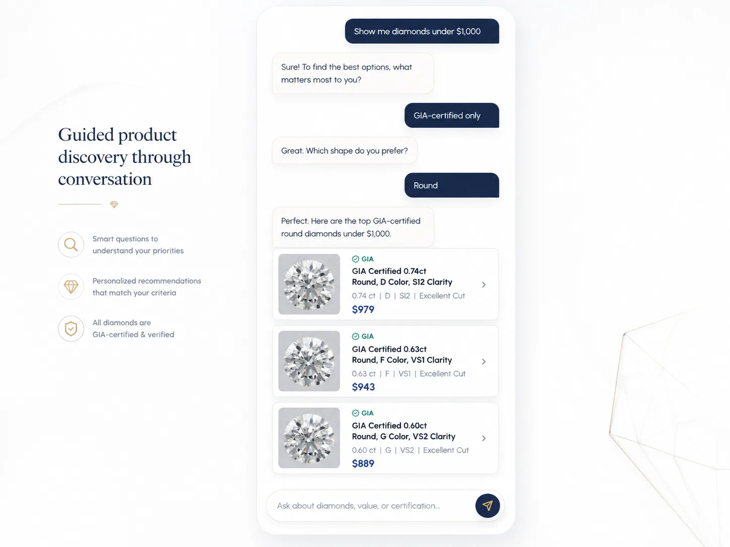 Mobile AI concierge showing guided discovery and diamond recommendation cards